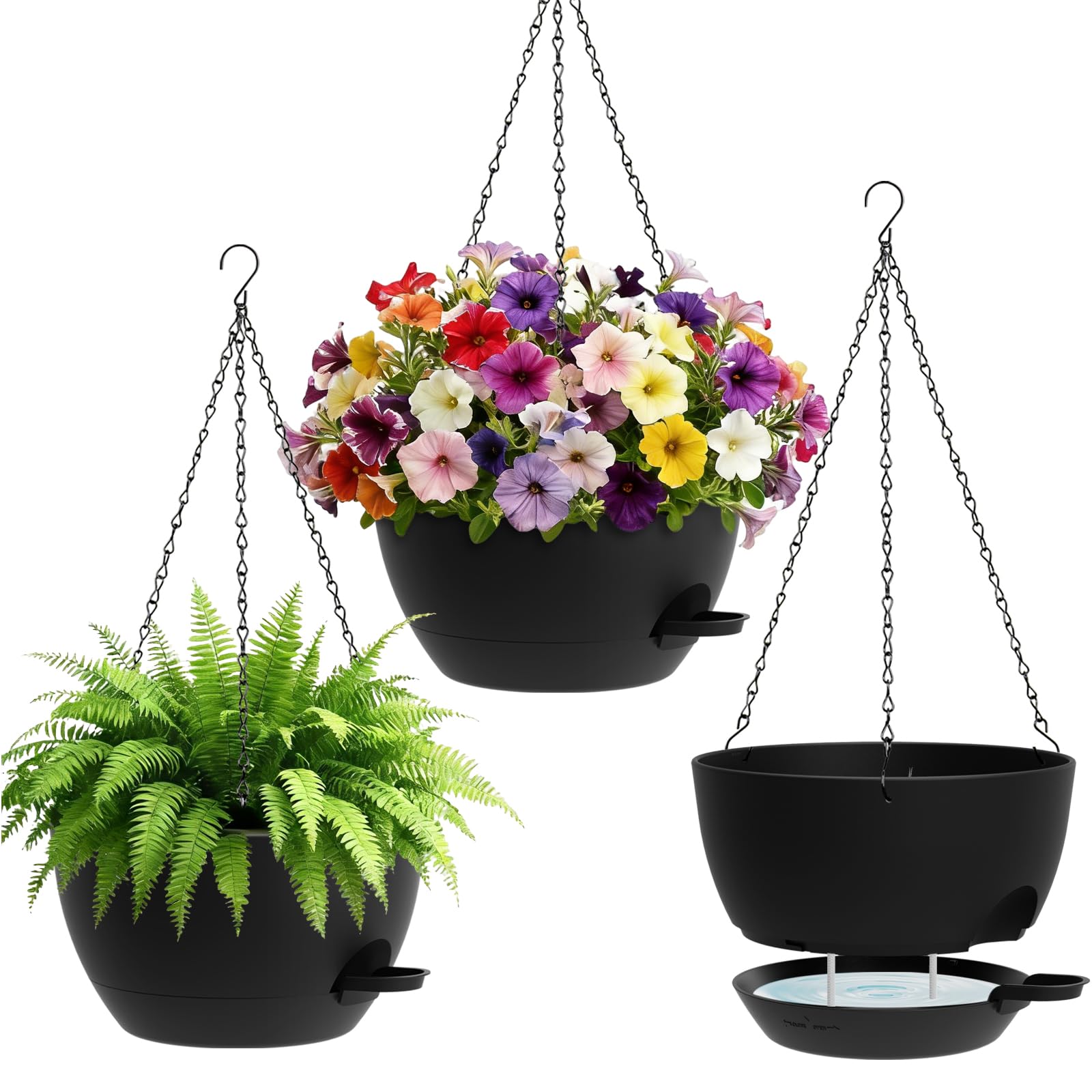 UOUZ front view of three black hanging planters showing sleek modern design and space-saving benefit