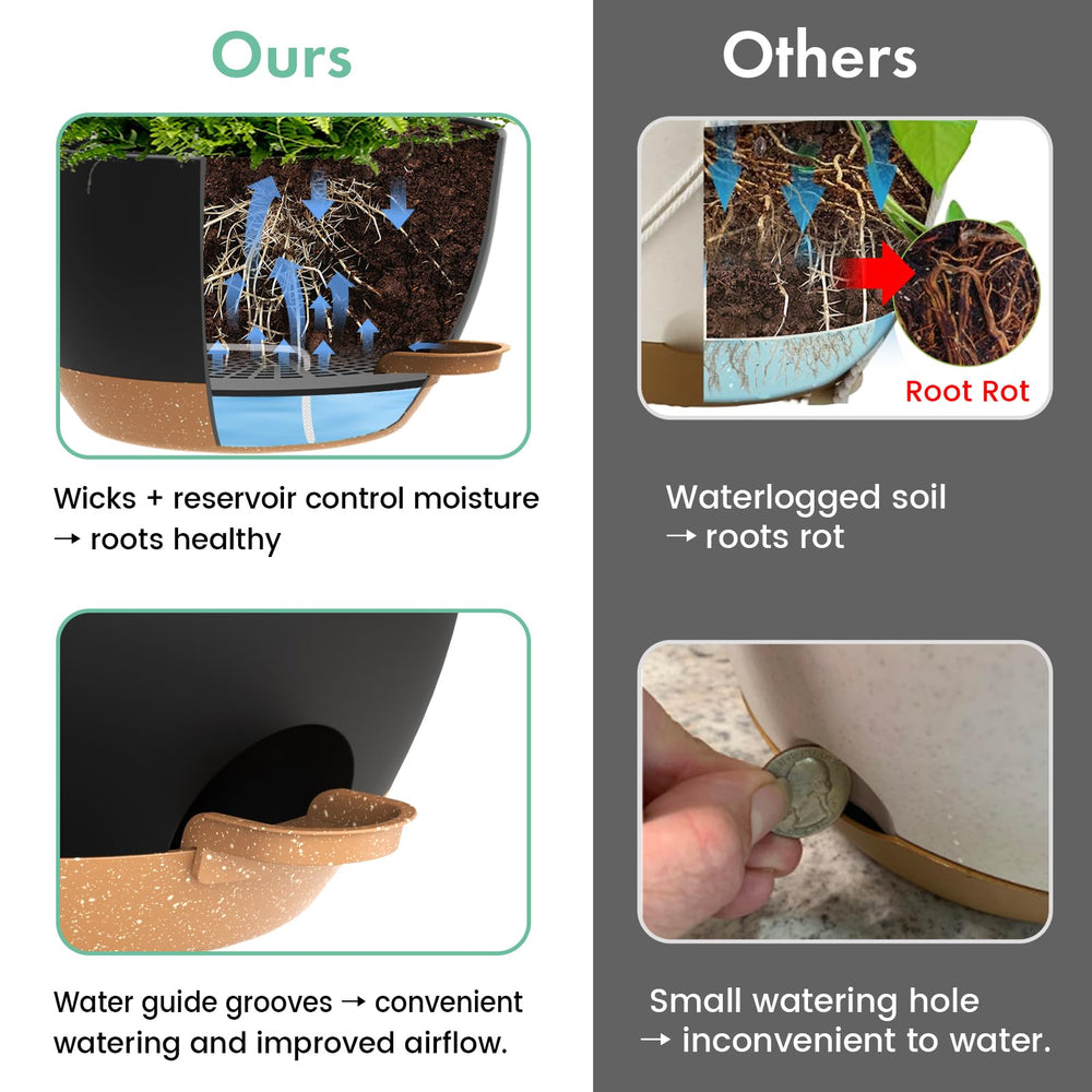 UOUZ planter next to common pot showing 13 inch size and scale advantage