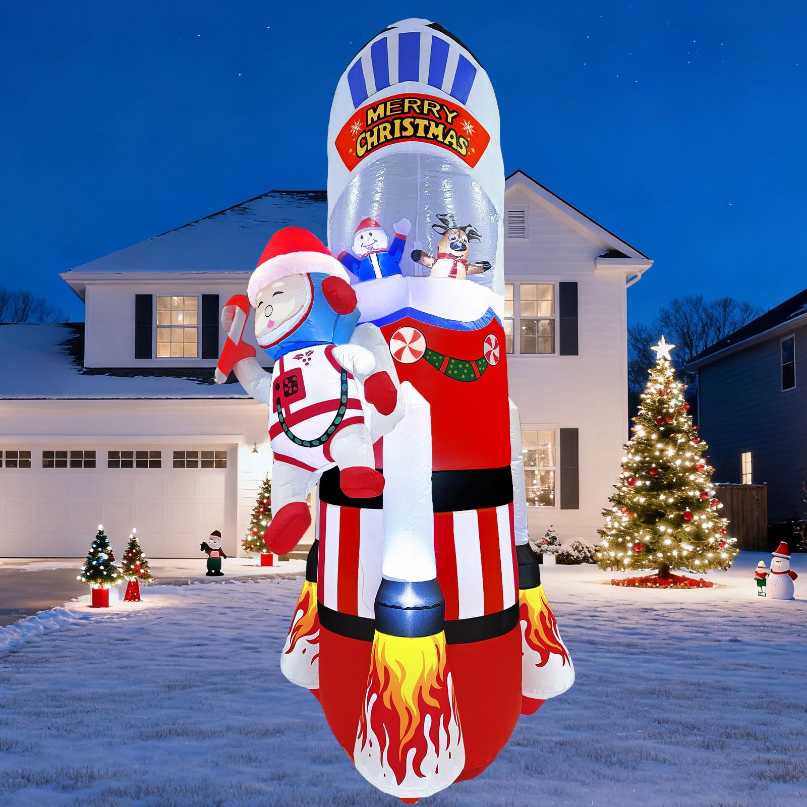 UoVeHoin front view of rocket inflatable showing festive design and curb appeal