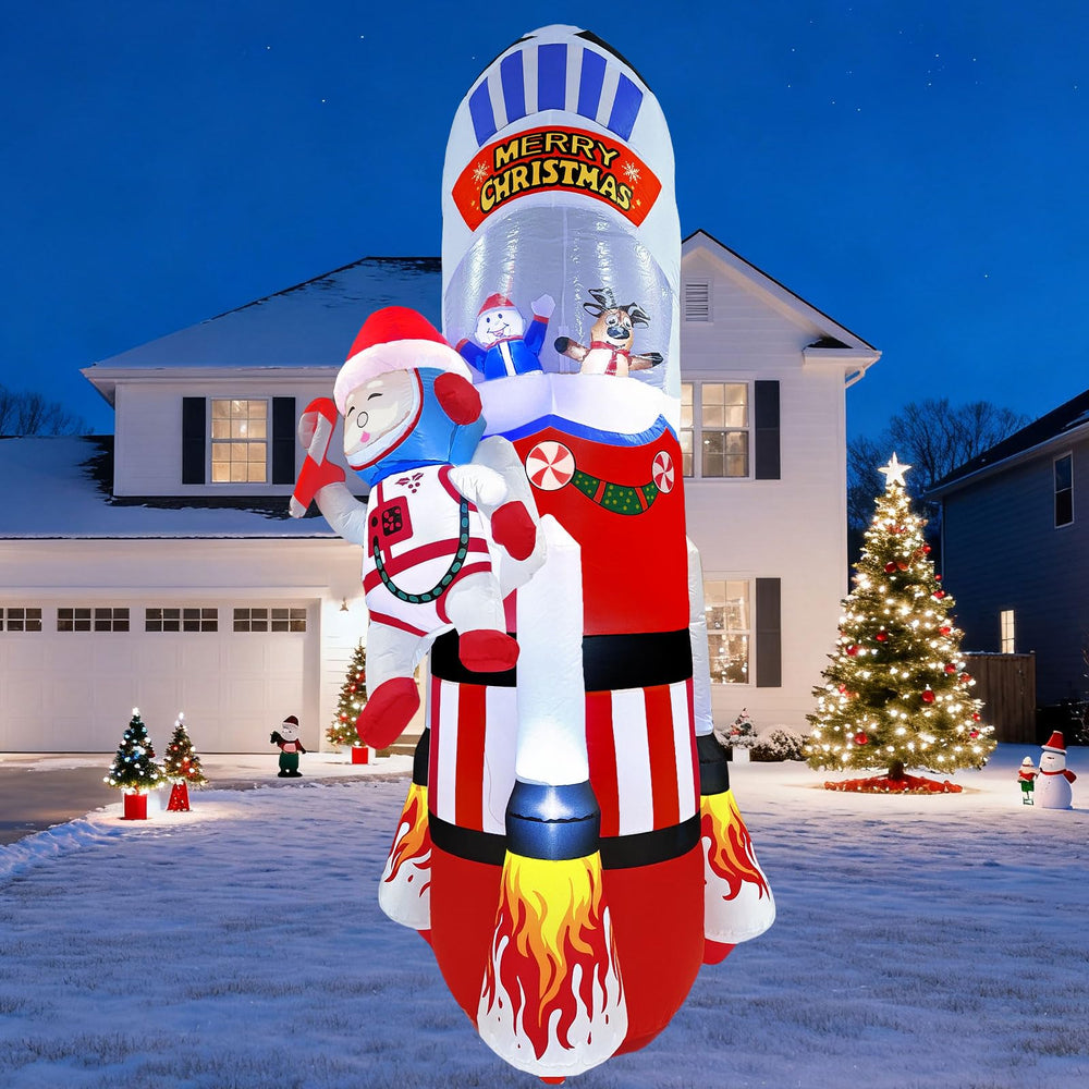 UoVeHoin front view of rocket inflatable showing festive design and curb appeal