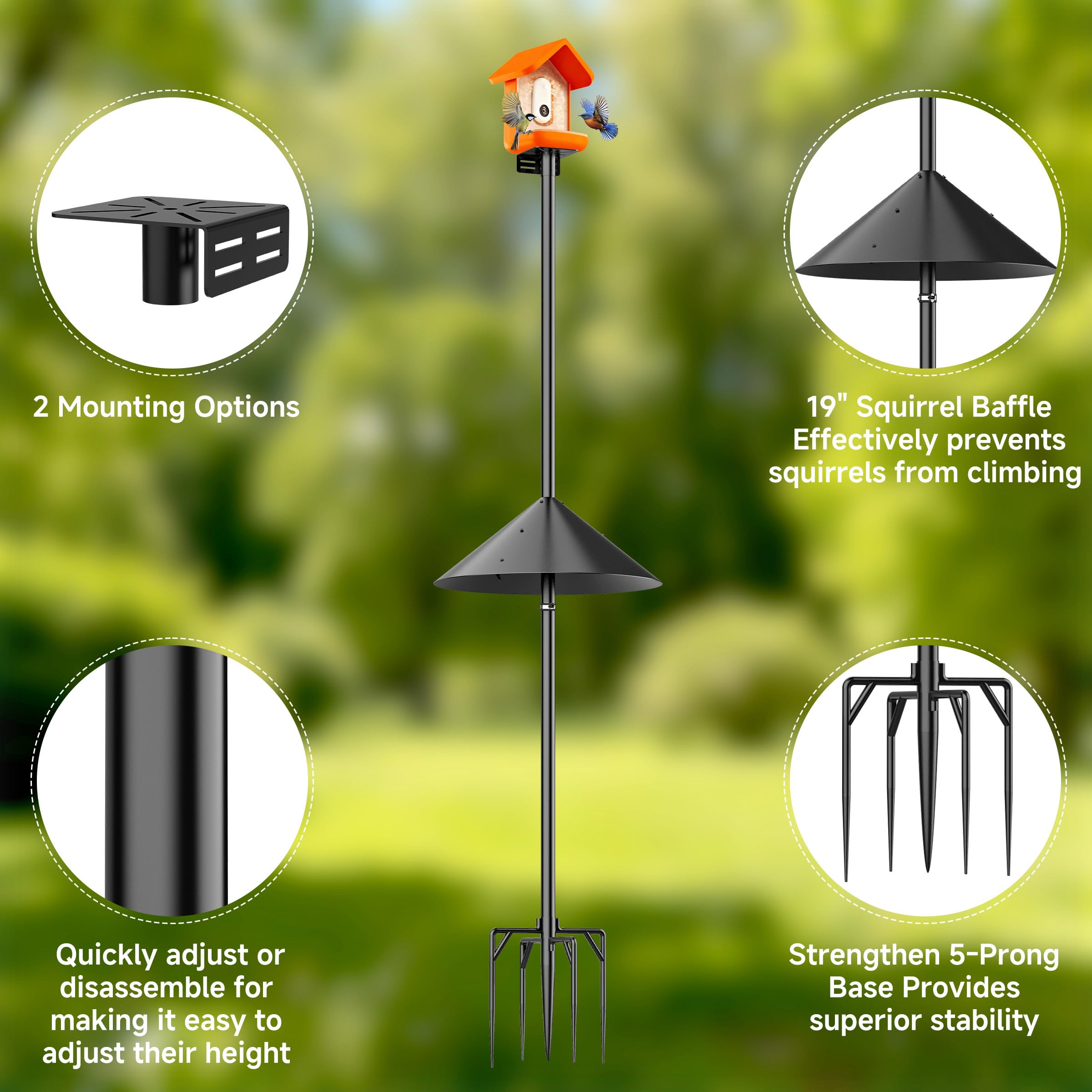 Uoveya pole with bird feeder side-mounted providing secure feeding station