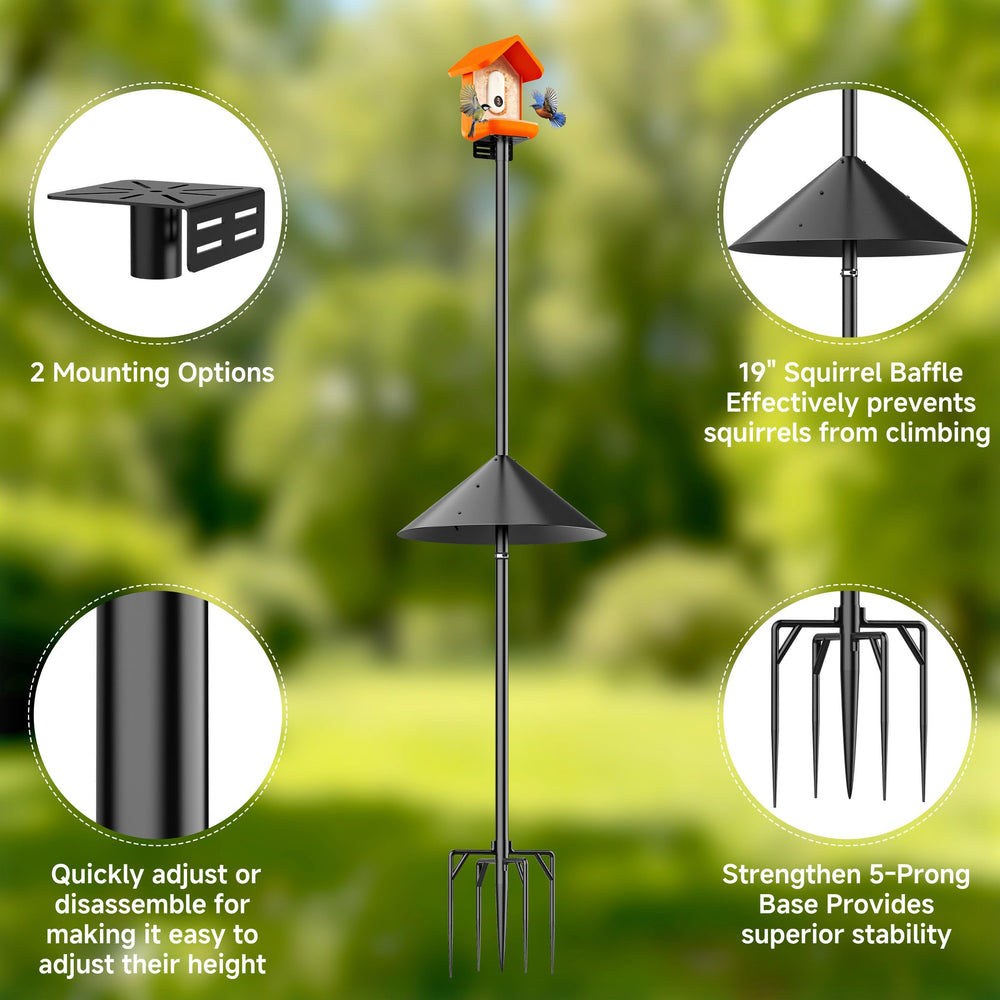 Uoveya pole with bird feeder side-mounted providing secure feeding station