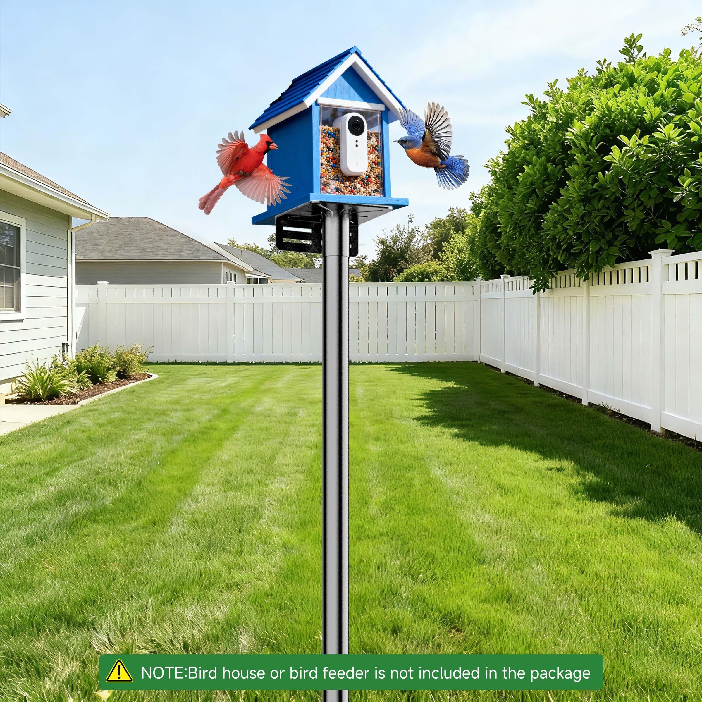 Uoveya pole installed in garden setting, attractive stable spot for birds
