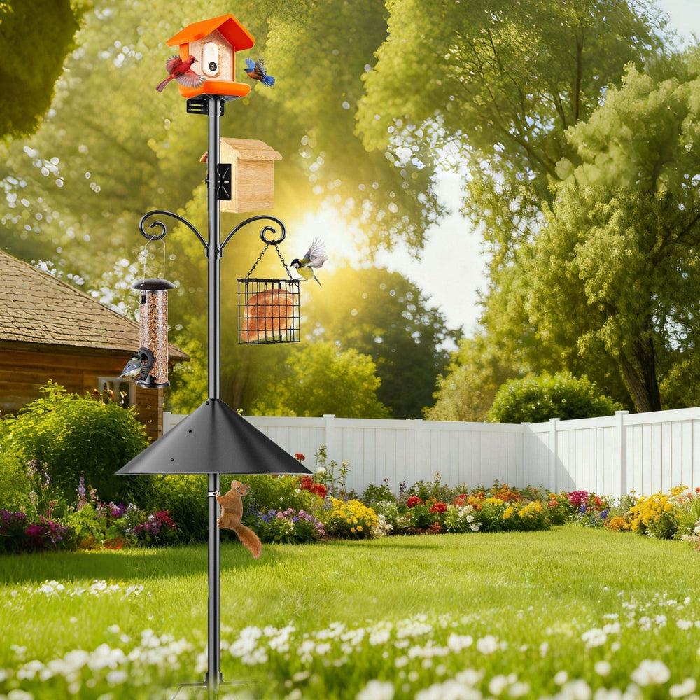 Uoveya backyard installation showing pole, feeders, and birdwatching benefit
