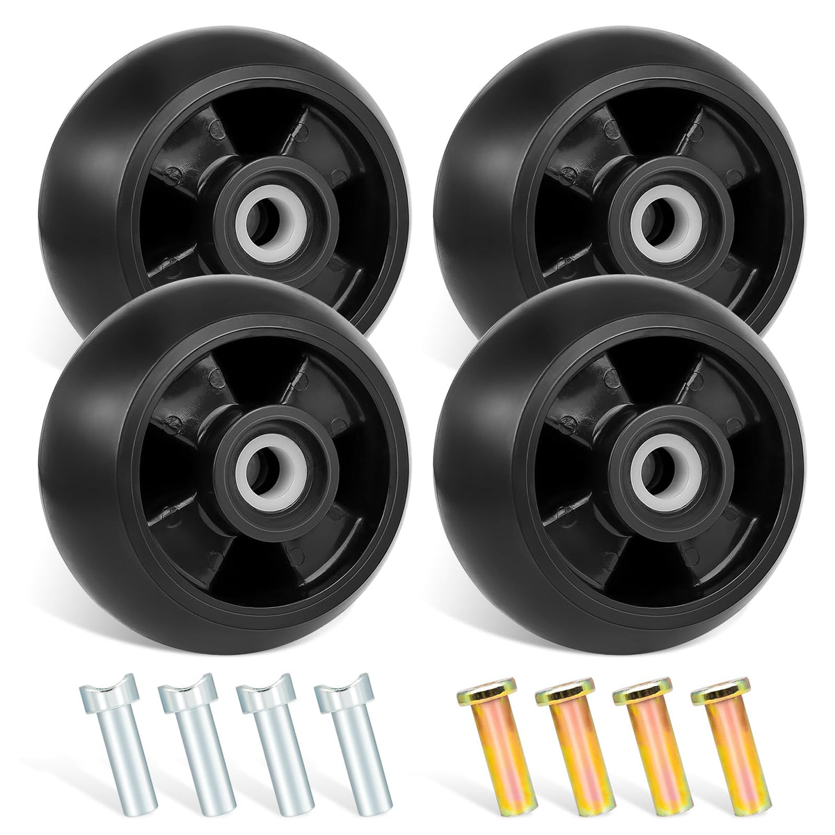 UP2WIN front view of four replacement gauge wheels showing kit contents and benefit of quick swap