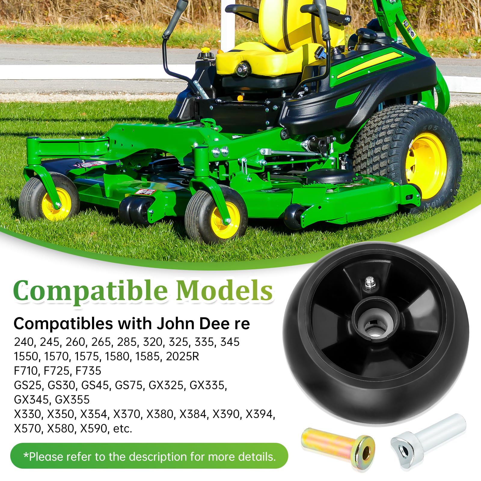 UP2WIN wheel installed on John Deere deck demonstrating reduced deck scraping over bumps