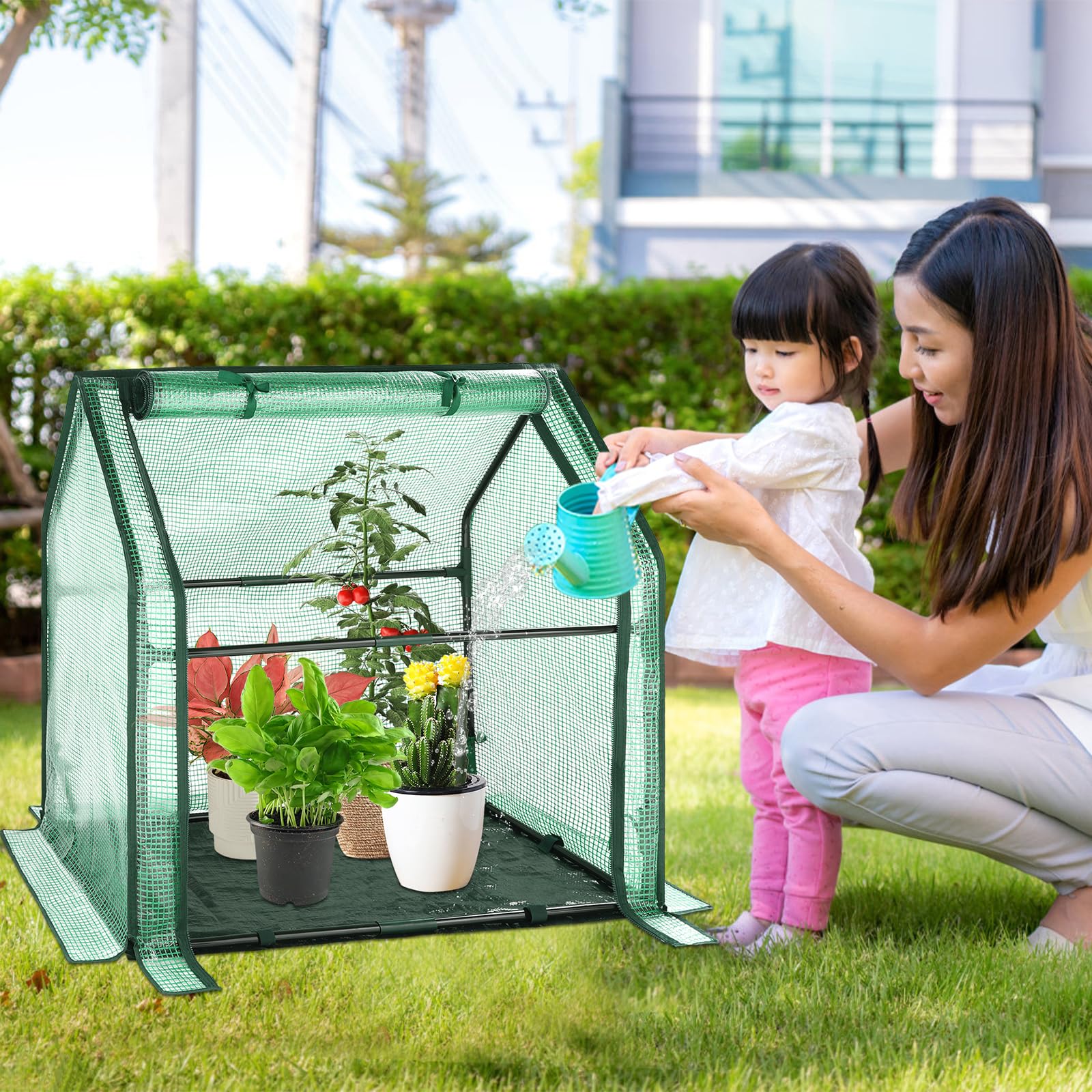 U'Artlines greenhouse beside standard pot showing compact 36x18x33 inch scale
