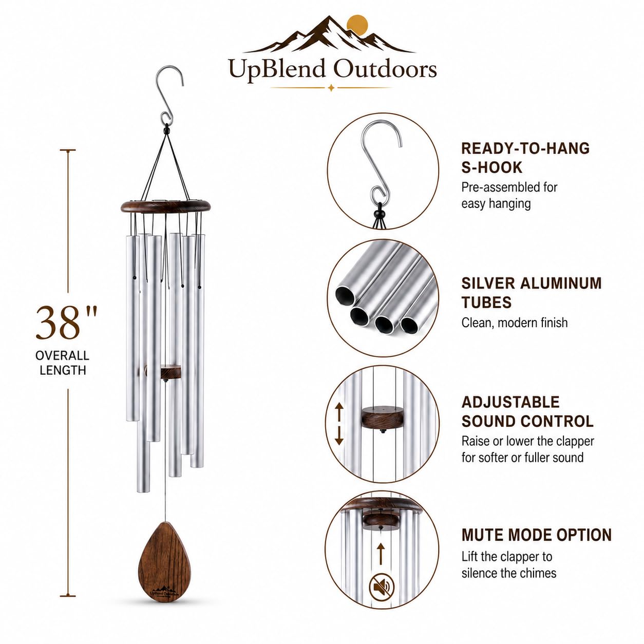 UpBlend Outdoors full hanging view demonstrating 38-inch scale and soothing sound benefit