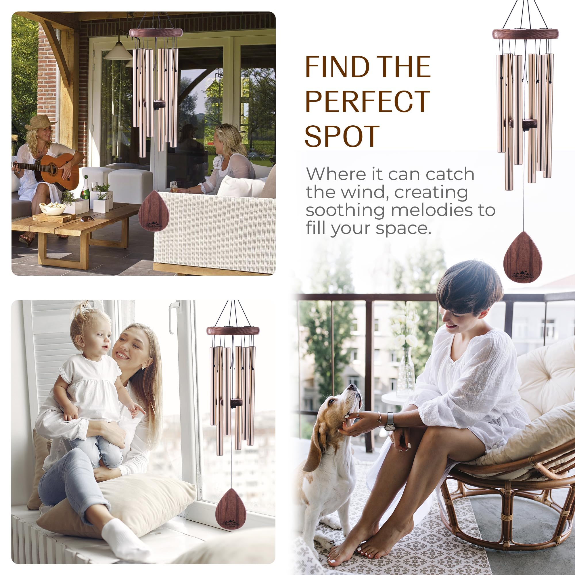 UpBlend Outdoors chime hanging on a porch illustrating gentle tones and outdoor placement
