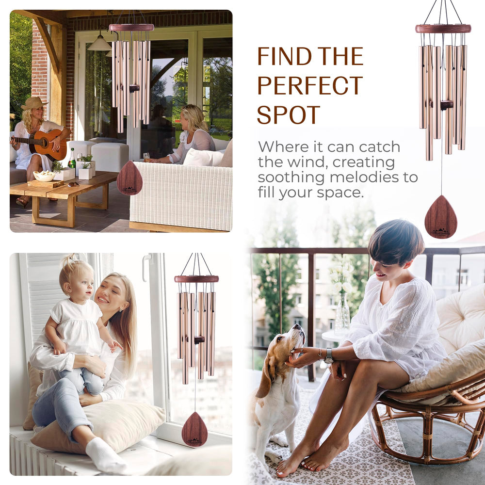 UpBlend Outdoors chime hanging on a porch illustrating gentle tones and outdoor placement