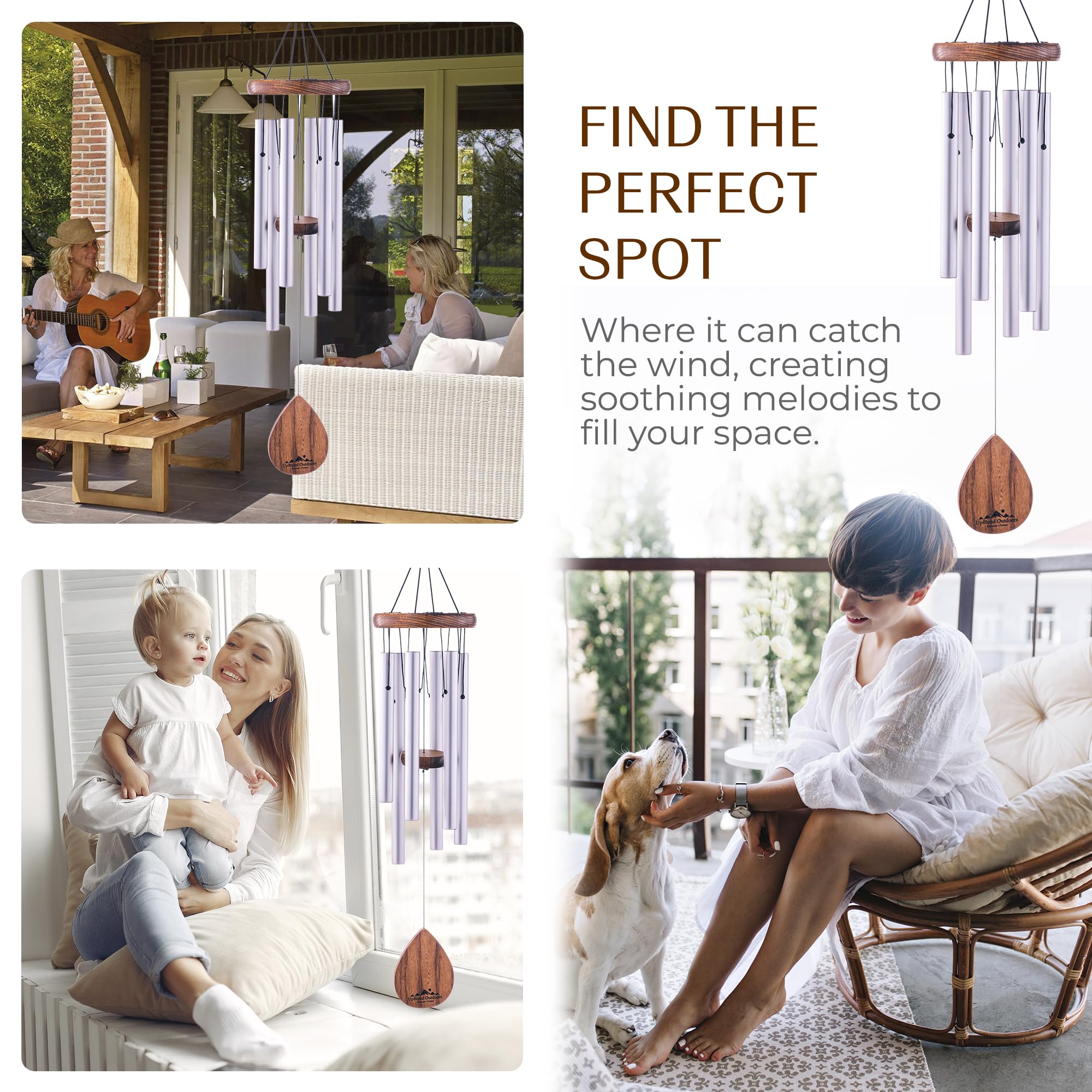 UpBlend Outdoors wind chime in garden setting illustrating calming outdoor atmosphere