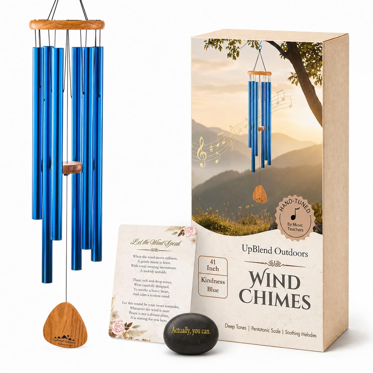 UpBlend Outdoors front view of blue wind chime showing full length and graceful tubes for peaceful sound