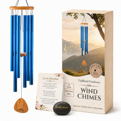 UpBlend Outdoors front view of blue wind chime showing full length and graceful tubes for peaceful sound