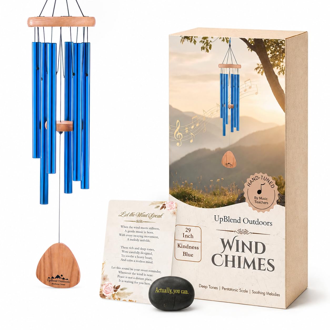 UpBlend Outdoors front view of blue wind chime showing full length and color benefit
