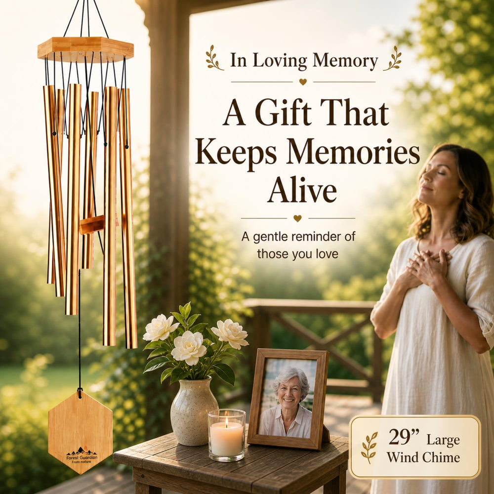 UpBlend Outdoors chime hanging on porch creating calming outdoor ambiance