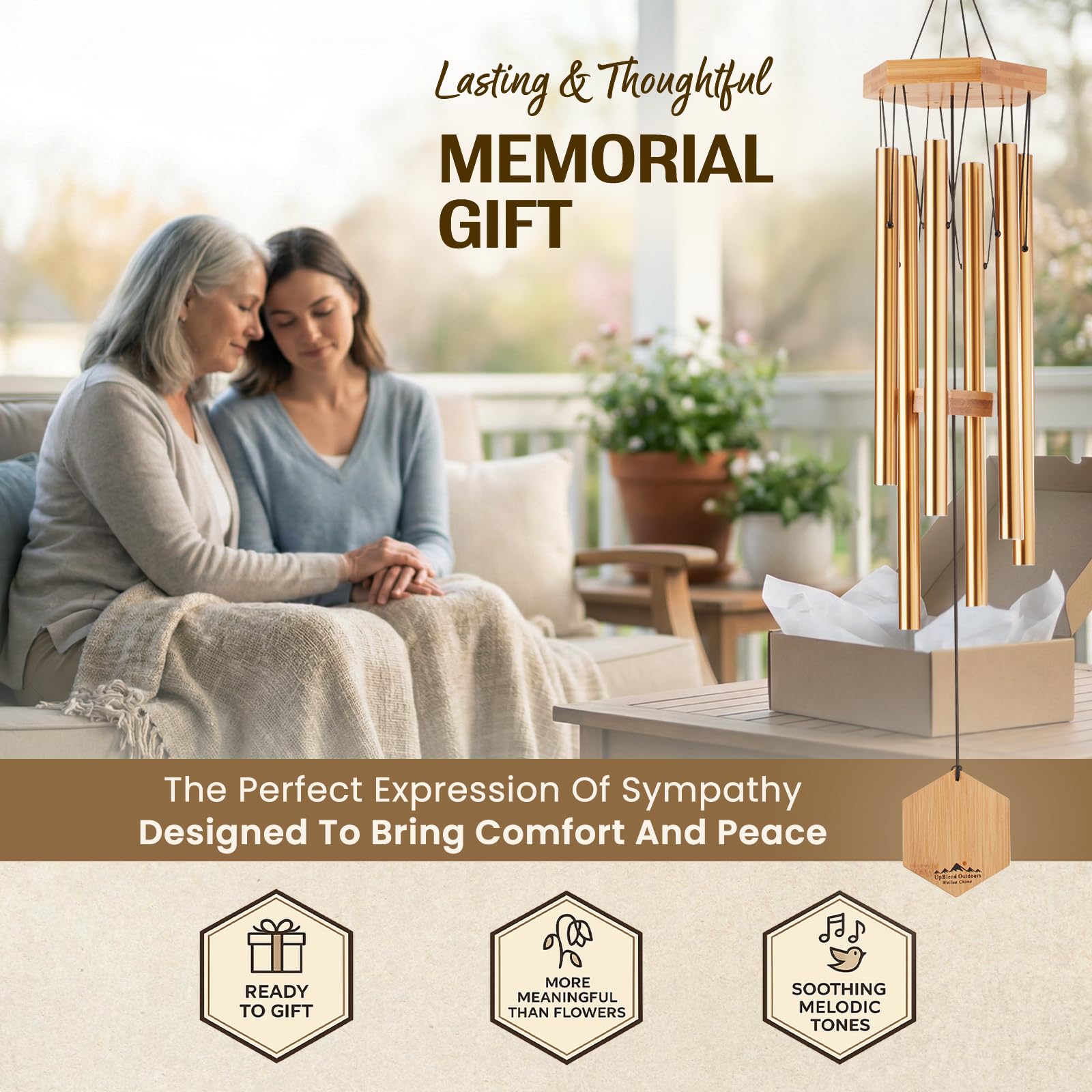 UpBlend Outdoors chime beside chair showing 29-inch size and scale