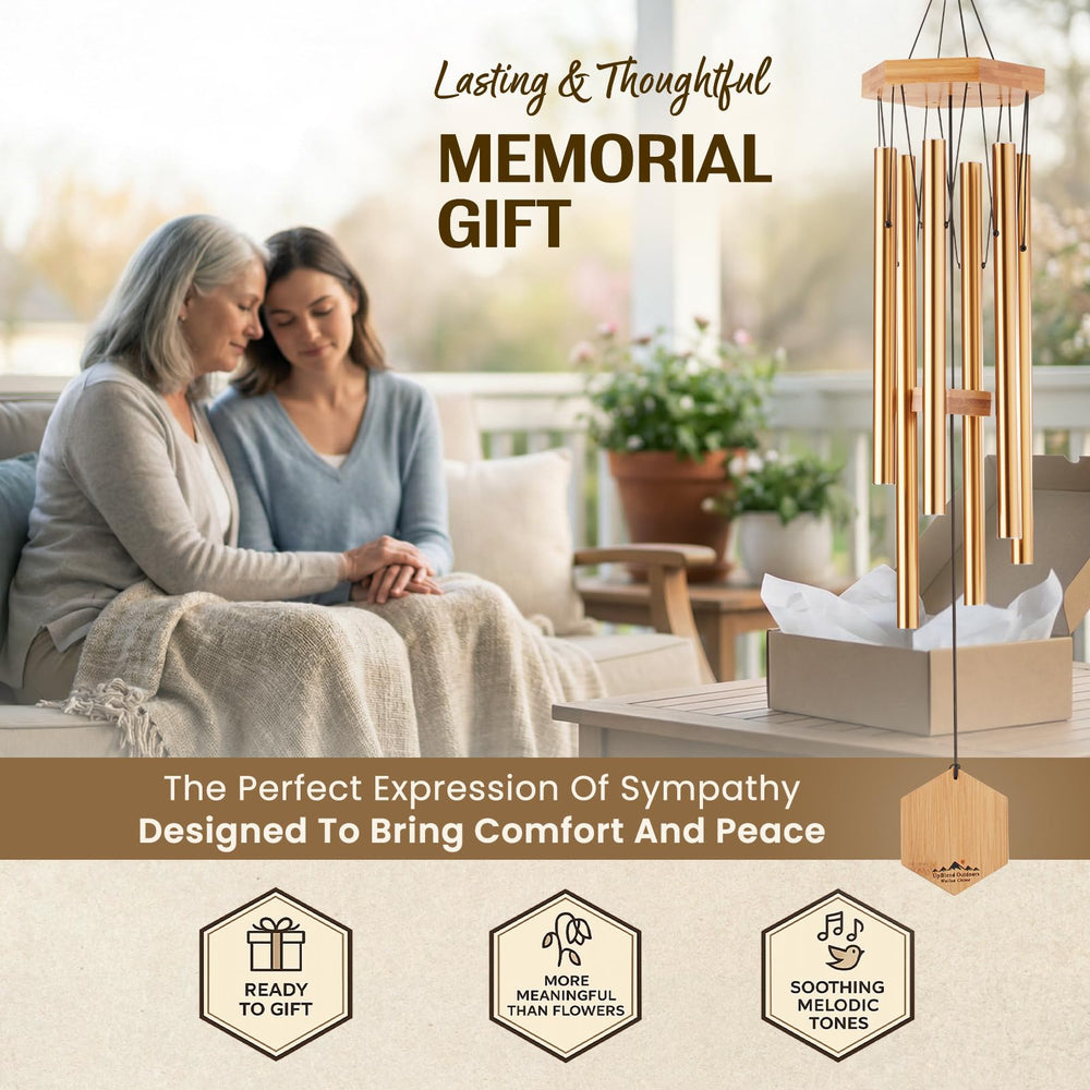 UpBlend Outdoors chime beside chair showing 29-inch size and scale