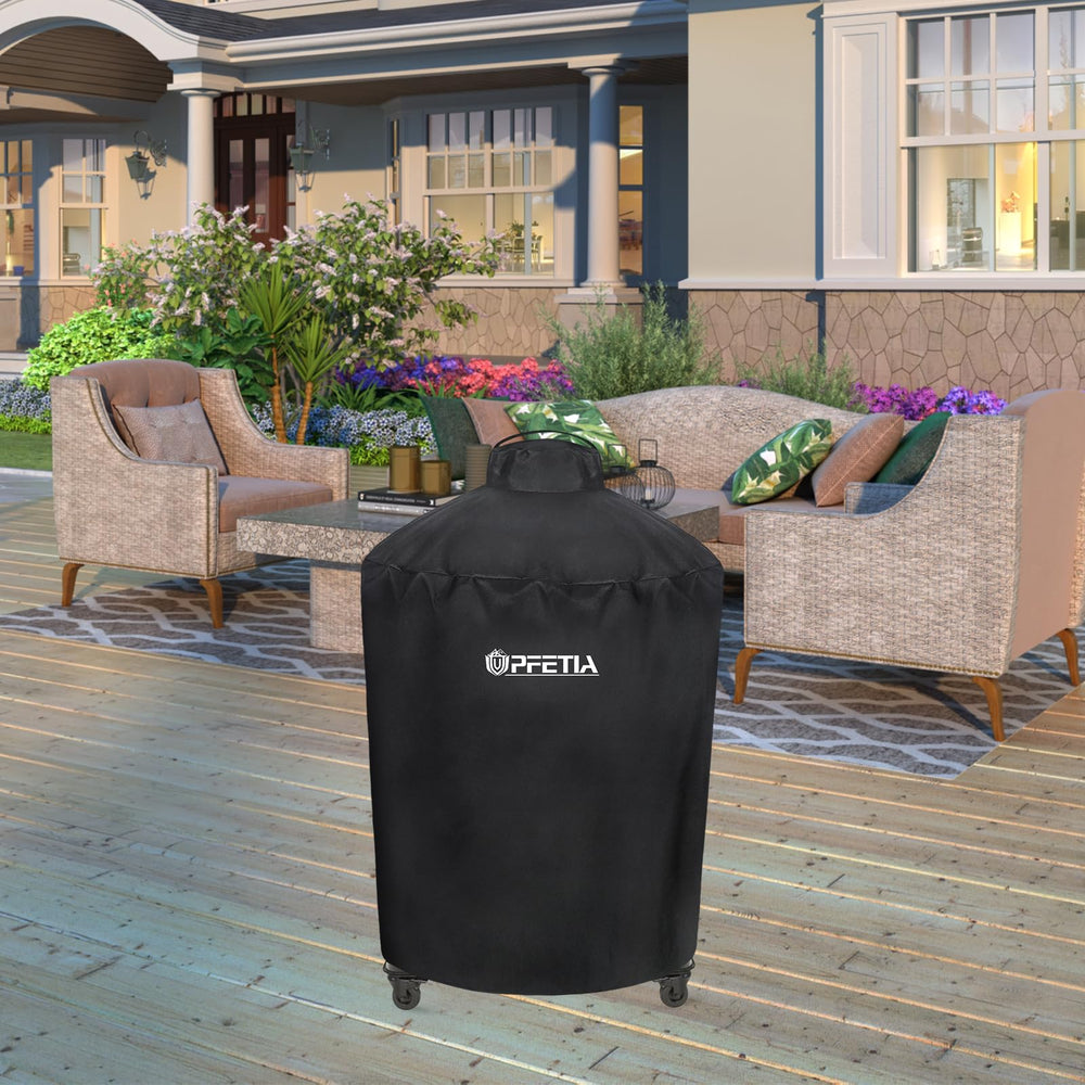 UPFETIA on grill in backyard illustrating all-weather protection benefit