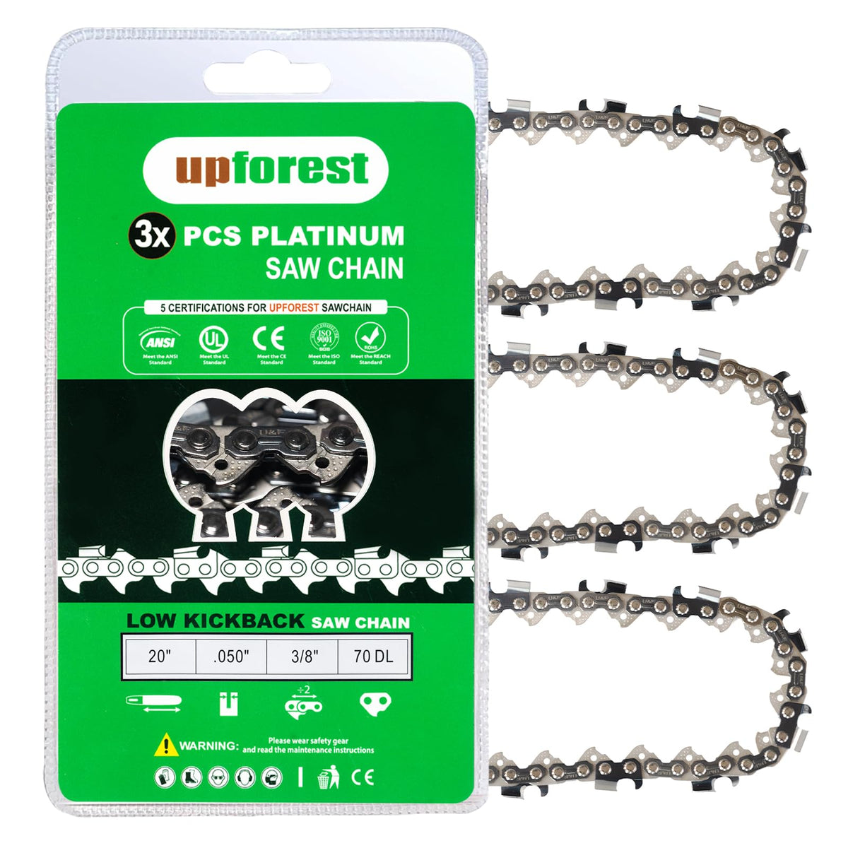 UPFOREST front packaging showing 3-pack chains and compatibility details for quick identification