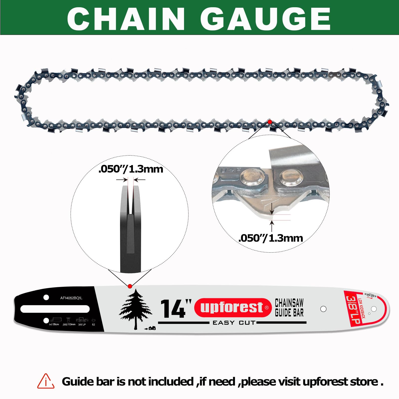 UPFOREST chain label and stamped specs highlighting model compatibility