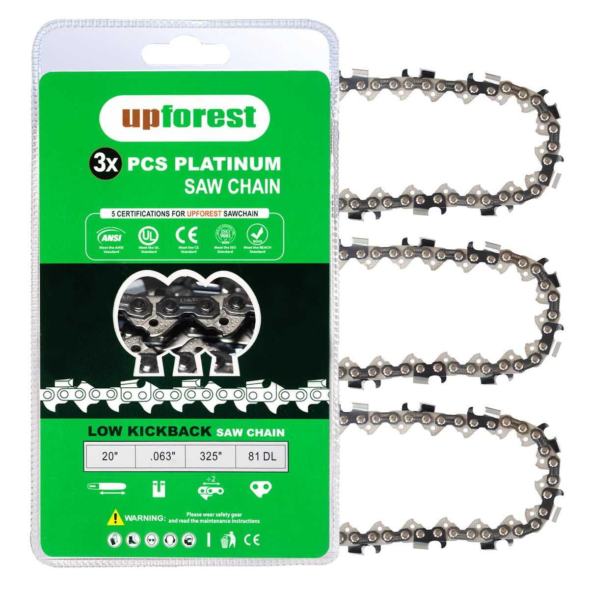 UPFOREST three-pack front packaging showing chains and label for easy identification