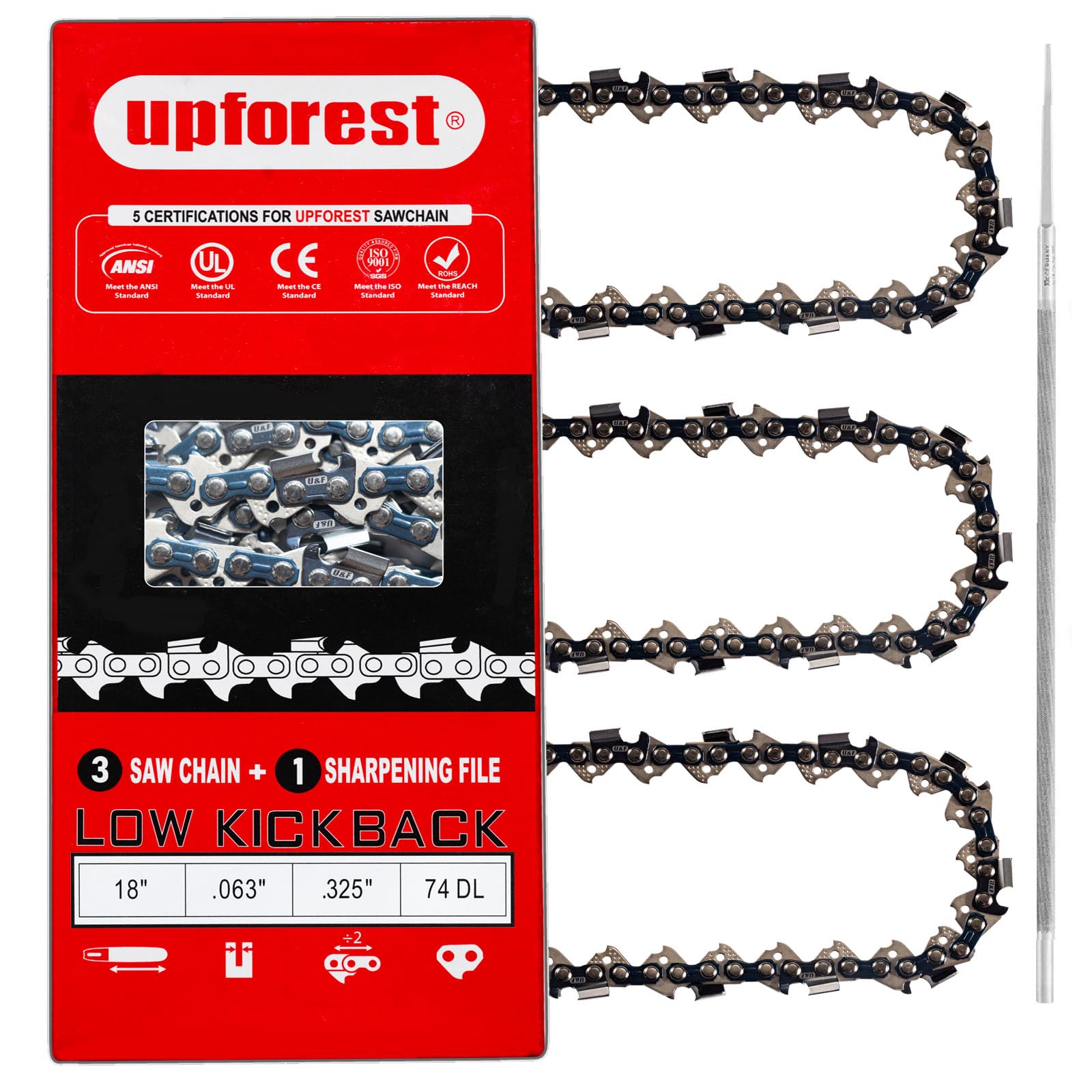 UPFOREST three-pack chains front packaging showing included file and oil — clear replacement option