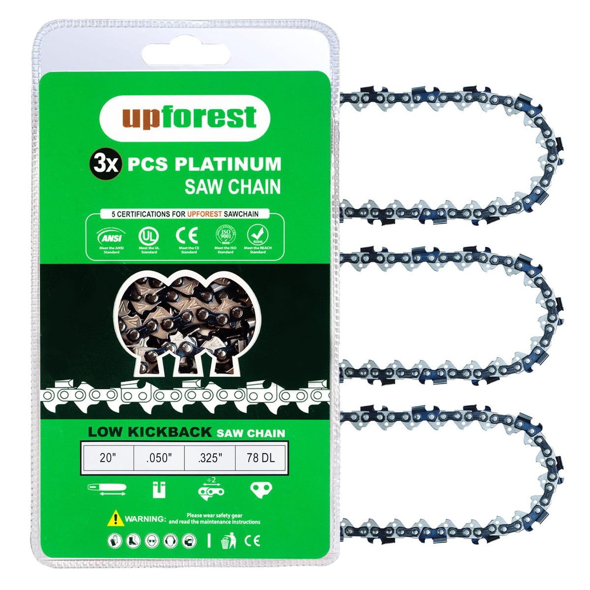 UPFOREST front packaging showing 20 inch chain and specifications, durable replacement
