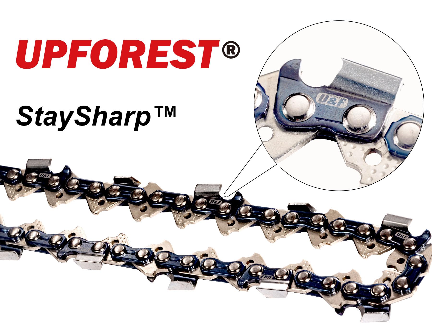 UPFOREST close-up of chrome-plated cutter teeth demonstrating sharper, longer-lasting edges