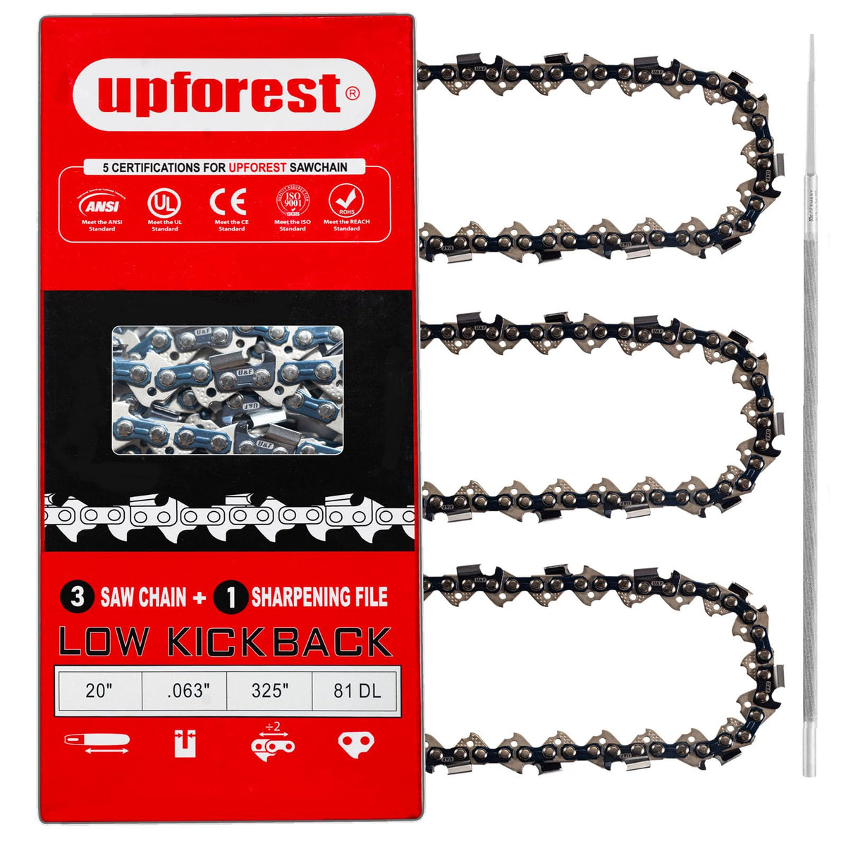 UPFOREST front packaging showing 20-inch chain and included sharpener for quick setup