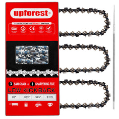 UPFOREST front packaging showing 20-inch chain and included sharpener for quick setup
