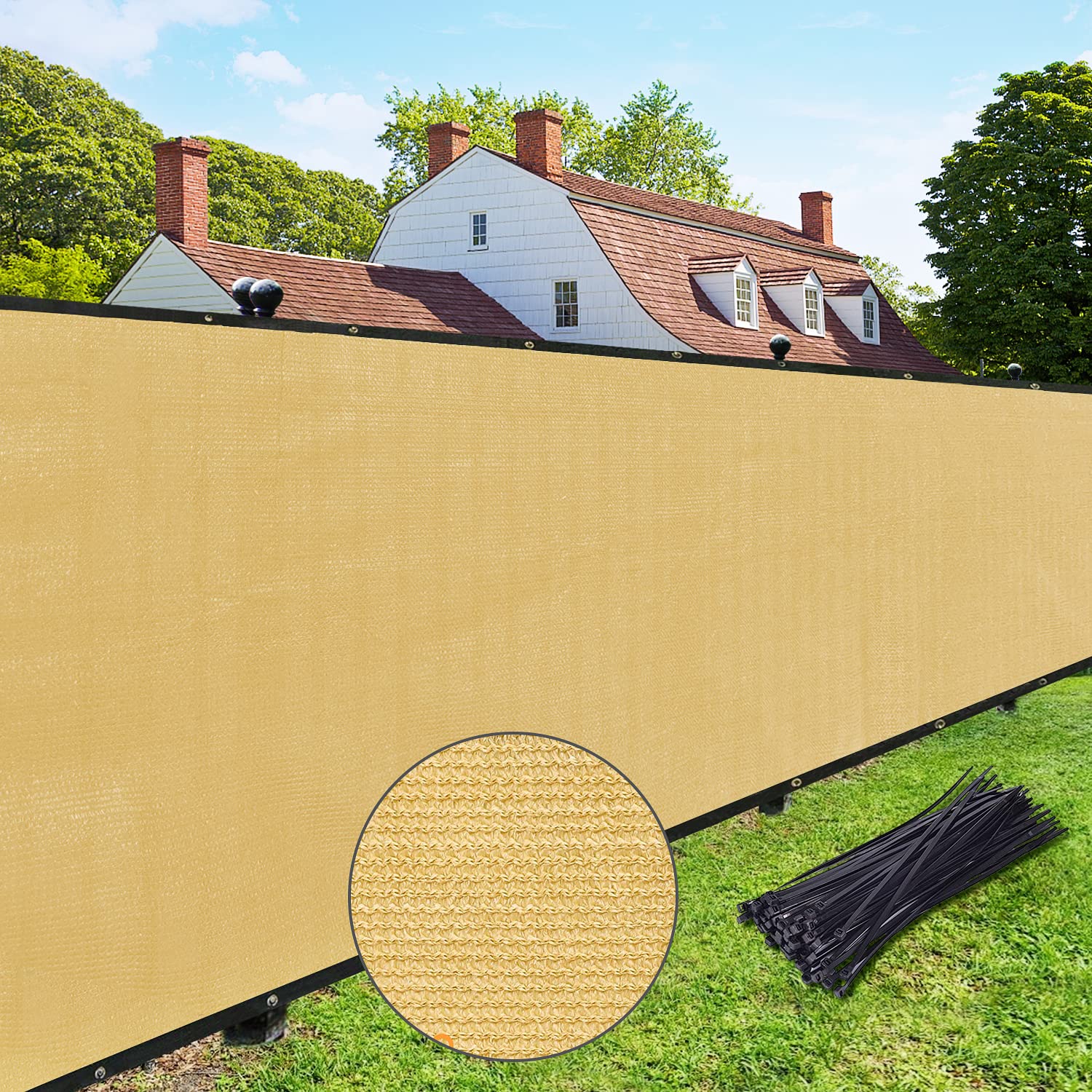 UPGRADE privacy screen folded with label showing sand color and product info