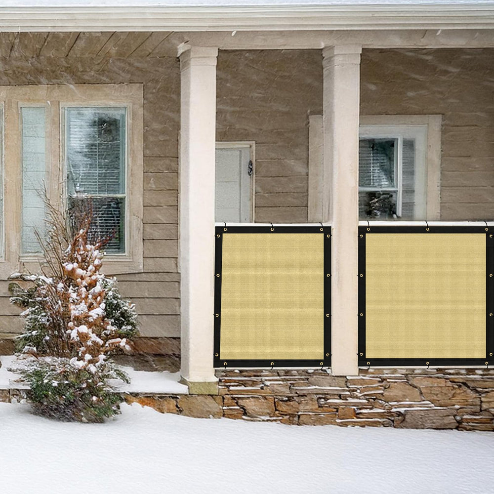 UPGRADE privacy screen next to person showing 5x50 foot scale and coverage