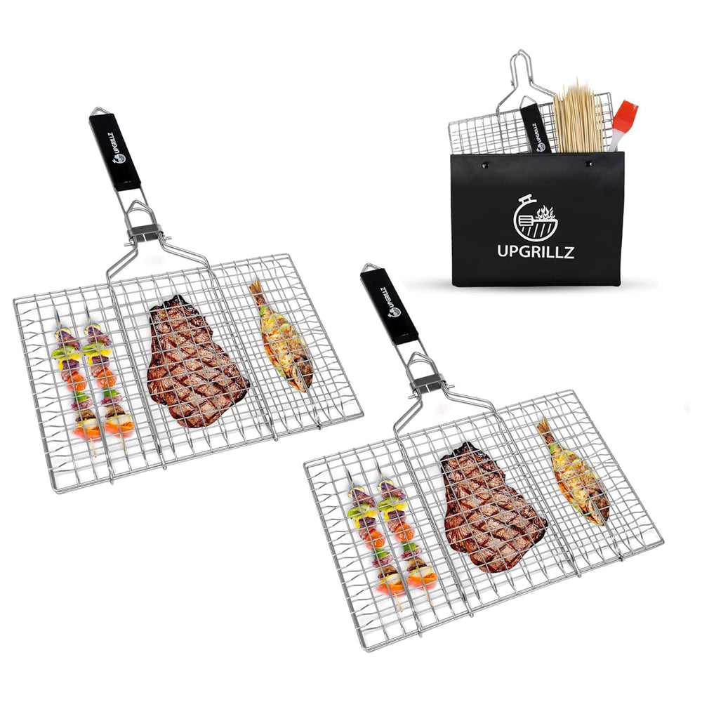 upgrillz front view of two baskets showing secure clamping and cooking benefit