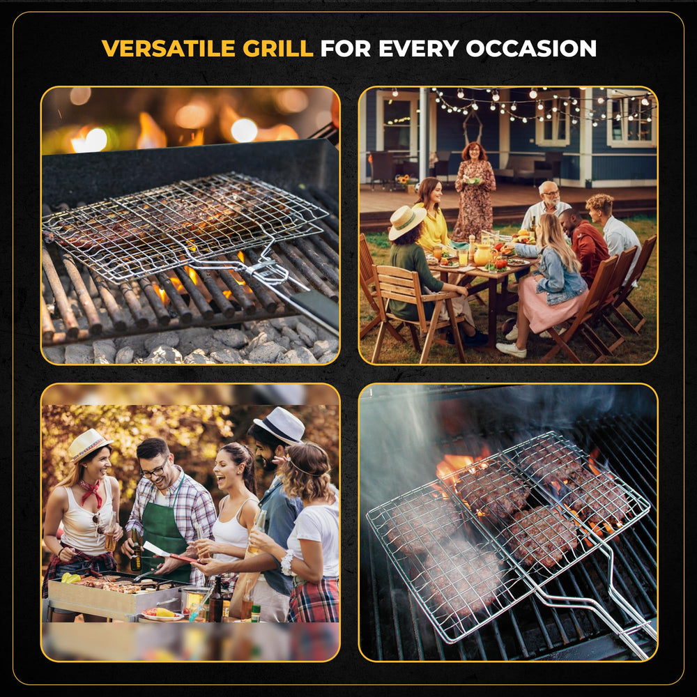upgrillz baskets on charcoal grill with fish and vegetables for even cooking