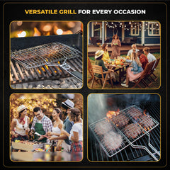 upgrillz baskets on charcoal grill with fish and vegetables for even cooking