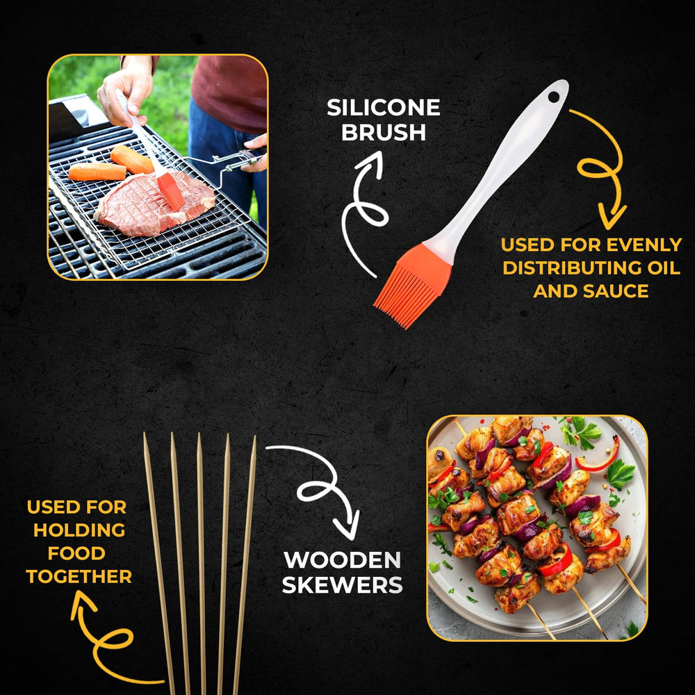 upgrillz 50 skewers and silicone brush inside carry bag for organized transport