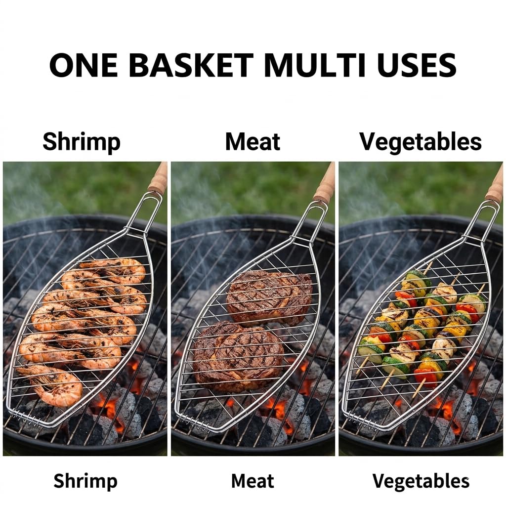 UPKOCH fish and vegetables clamped in basket demonstrating no-slip cooking benefit