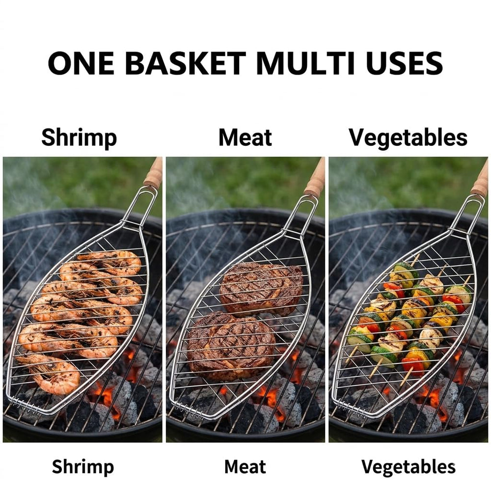 UPKOCH fish and vegetables clamped in basket demonstrating no-slip cooking benefit