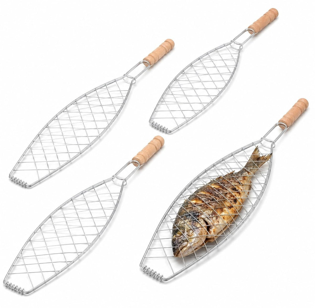 UPKOCH front view of four grill baskets showing full set and portability benefit