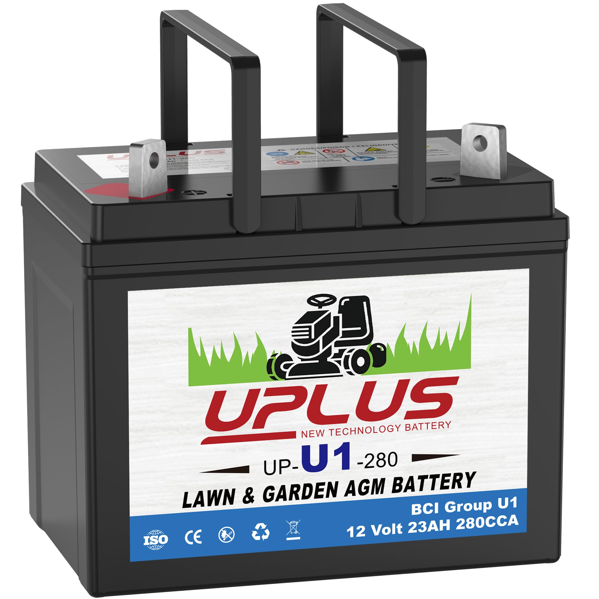 UPLUS U1 front view showing sealed AGM housing and model label benefit: easy identification