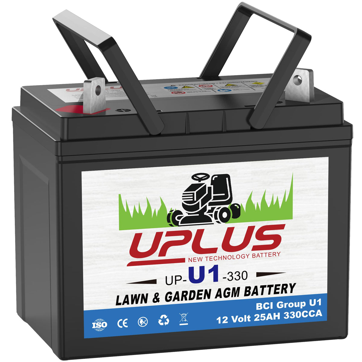 UPLUS battery front view showing compact U1 shape and quick fit benefit