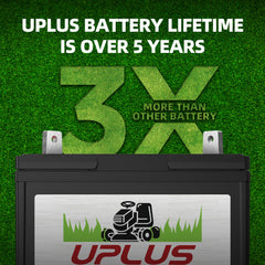 UPLUS battery installed on a riding mower demonstrating ready-to-start reliability