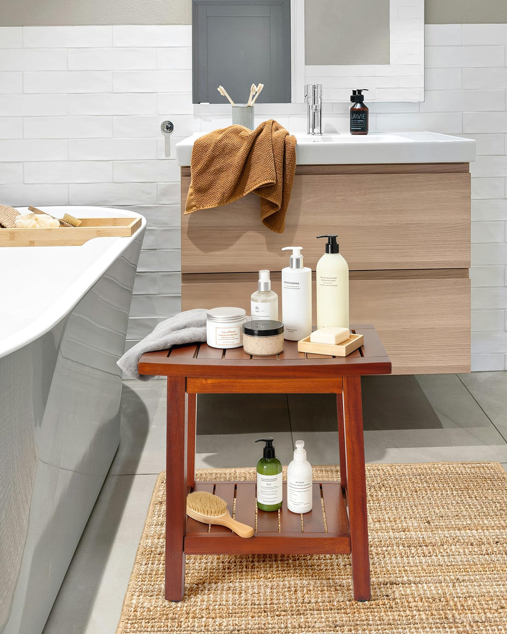 Upolana bench in shower setting providing stable seat and style