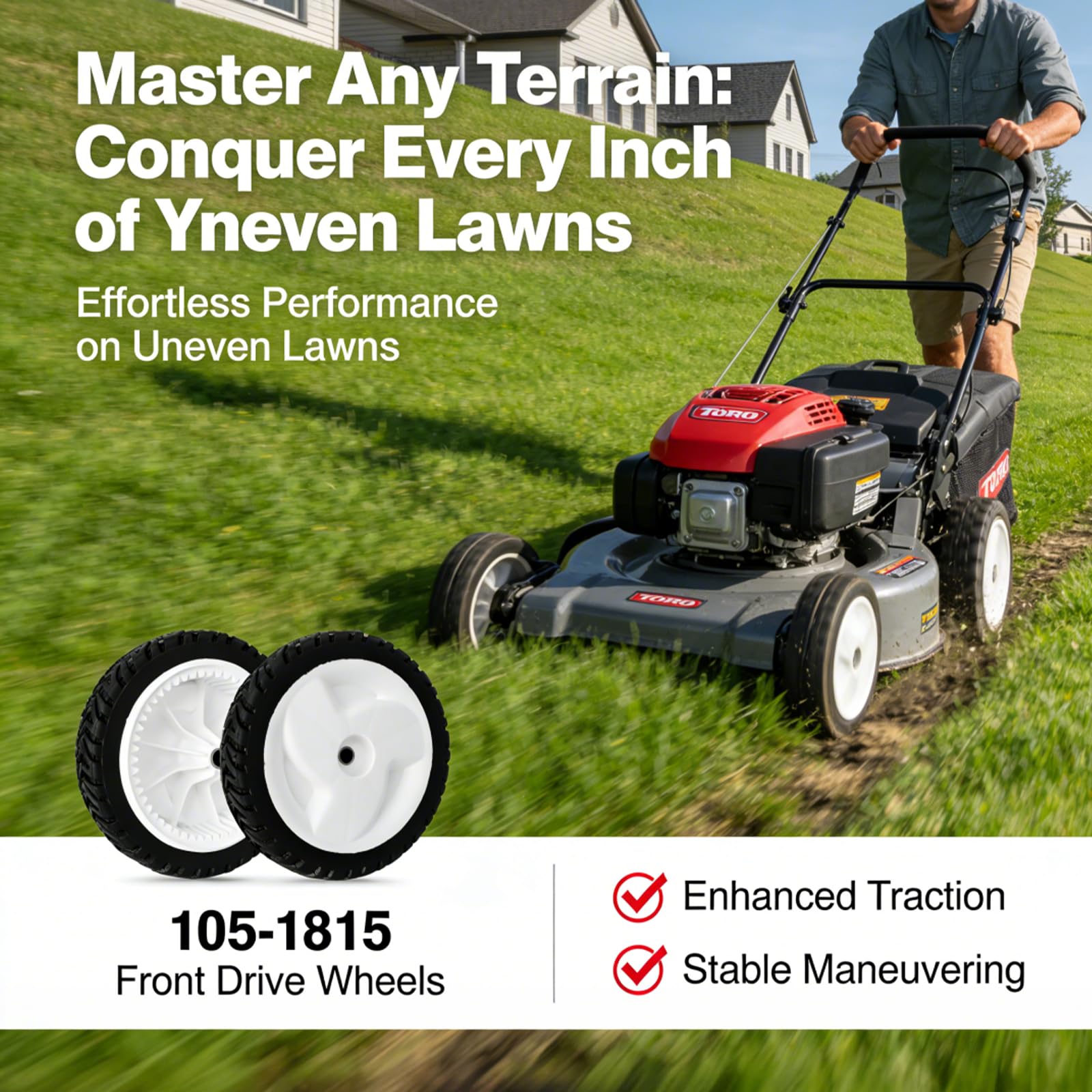 UPOW wheels on a mower cutting a lawn demonstrating dependable traction and control