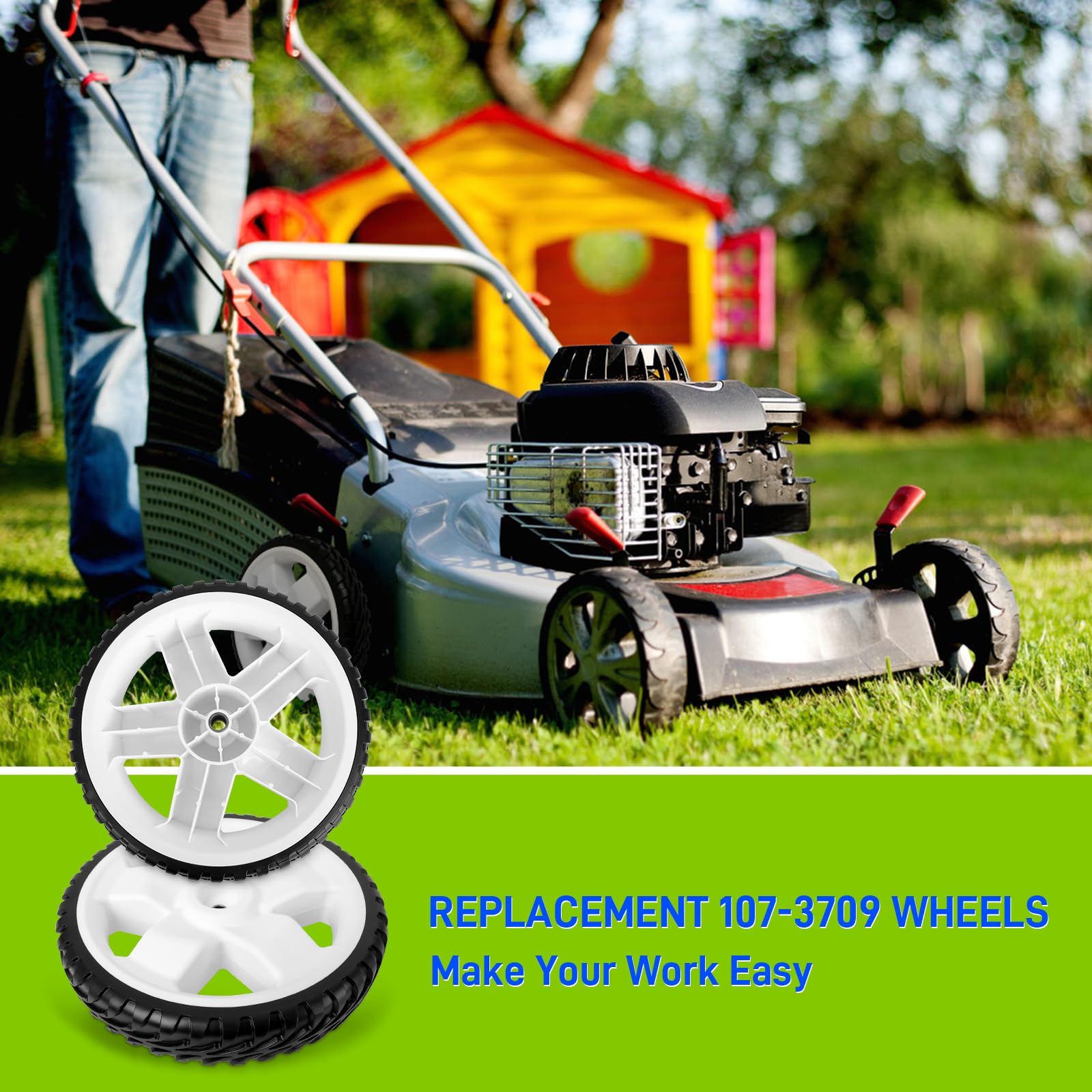 UPOW wheel on mower in yard showing stable mowing performance benefit