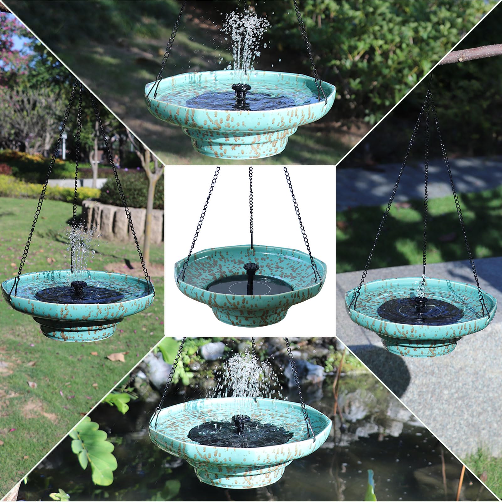 UPSJYJ packaged bird bath with pump and instructions showing what’s included and ready-to-install