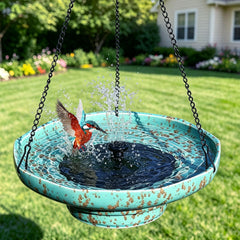UPSJYJ front view of hanging ceramic bird bath showing elegant faceted design and outdoor appeal