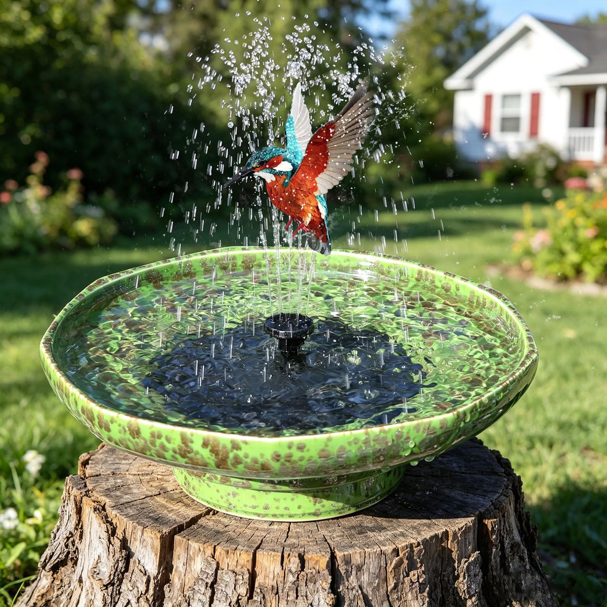 UPSJYJ front view of ceramic bird bath showing bowl and fountain, attracts birds