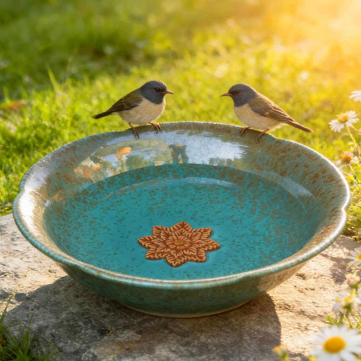 UPSJYJ front view glazed bird bath showing decorative flower shape and curb appeal