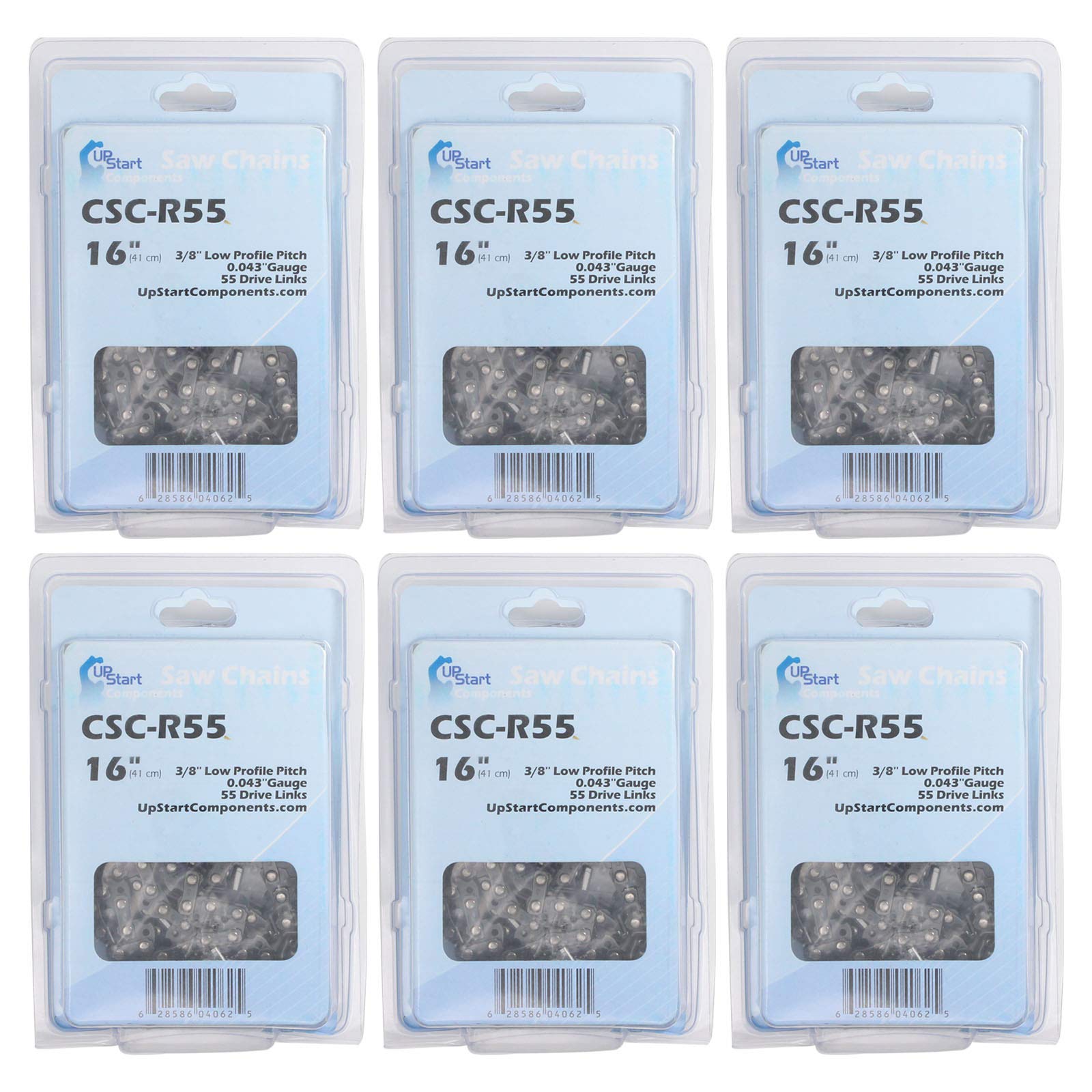 UpStart Components front packaging showing six 16-inch chains and model compatibility for easy storage